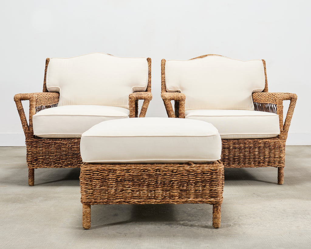 Pair of Ralph Lauren Organic Wicker Rope Armchairs + Ottoman