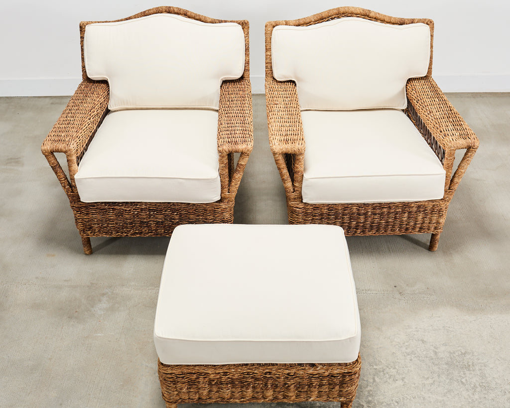 Pair of Ralph Lauren Organic Wicker Rope Armchairs + Ottoman