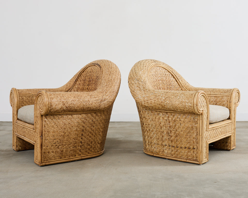Pair of Ralph Lauren Attributed Wicker Rattan Lounge Chairs