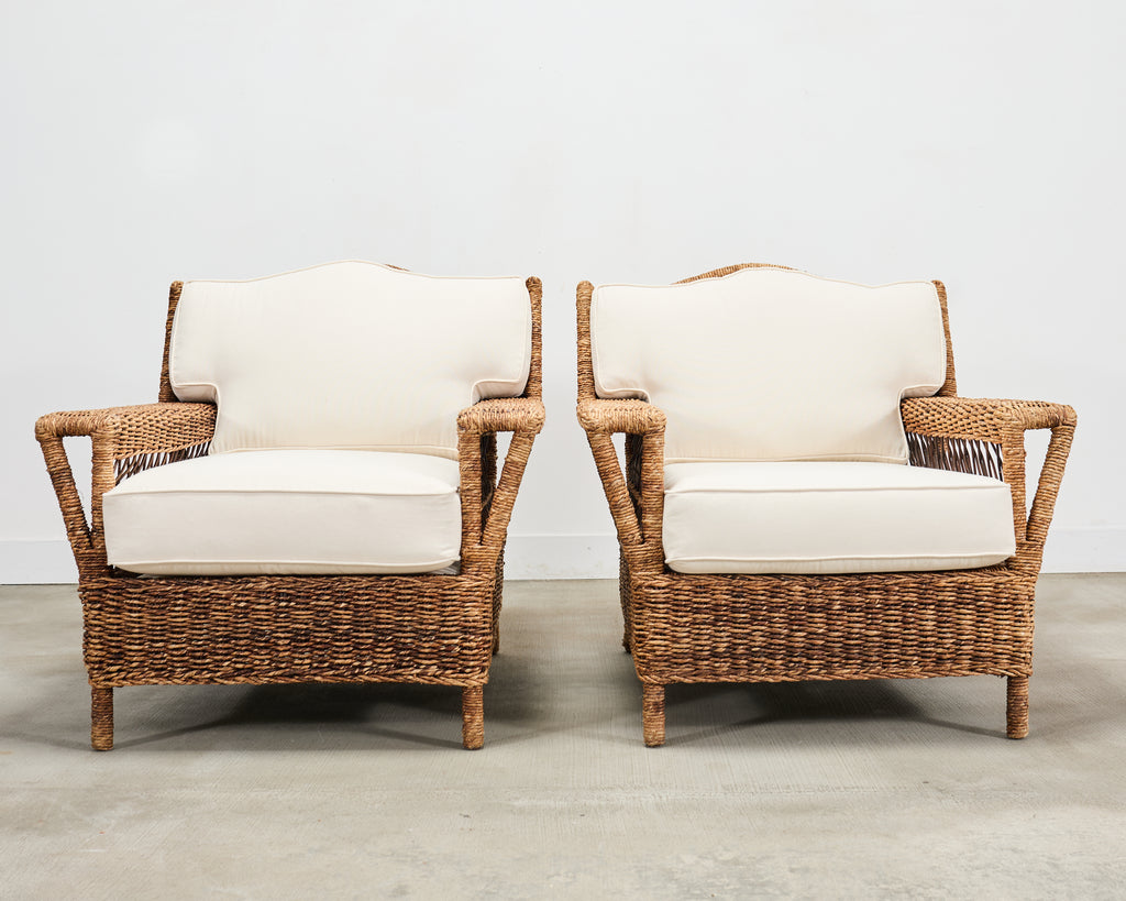 Pair of Ralph Lauren Organic Wicker Rope Armchairs + Ottoman
