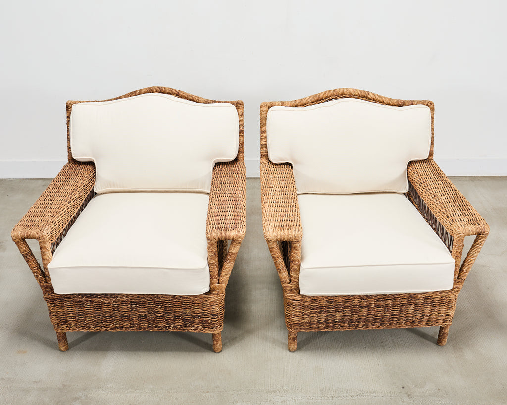 Pair of Ralph Lauren Organic Wicker Rope Armchairs + Ottoman