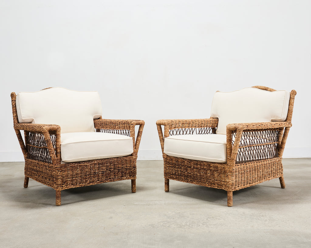 Pair of Ralph Lauren Organic Wicker Rope Armchairs + Ottoman