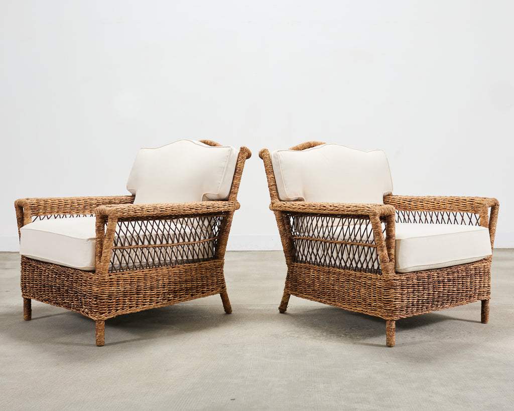 Pair of Ralph Lauren Organic Wicker Rope Armchairs + Ottoman