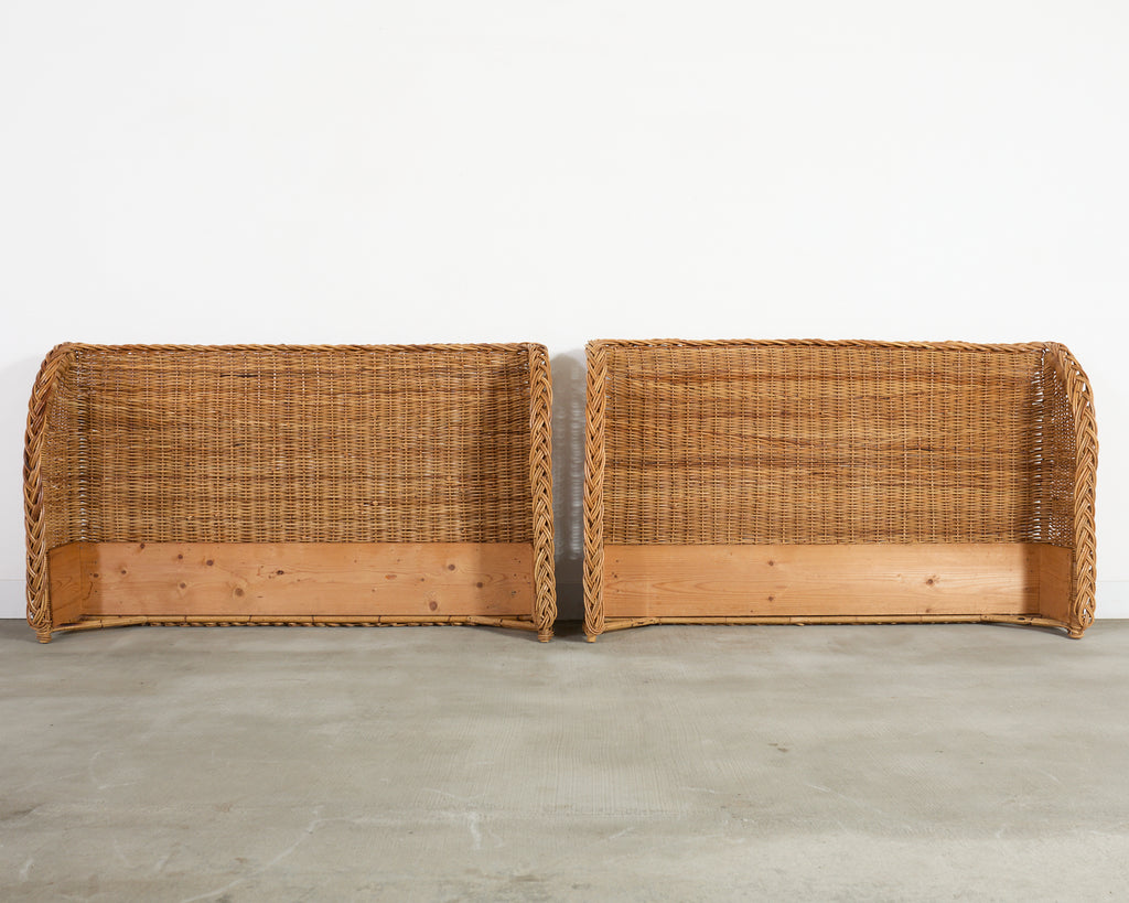 Pair of Organic Modern Woven Rattan Wicker Wingback Headboards