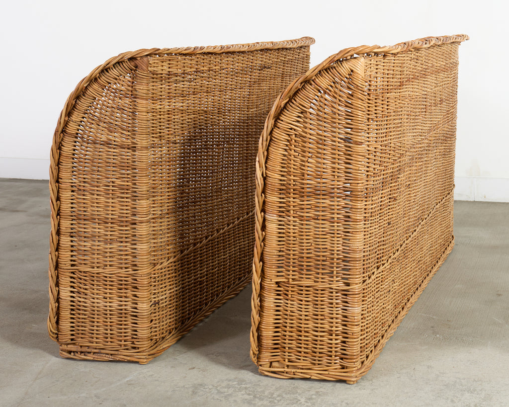 Pair of Organic Modern Woven Rattan Wicker Wingback Headboards