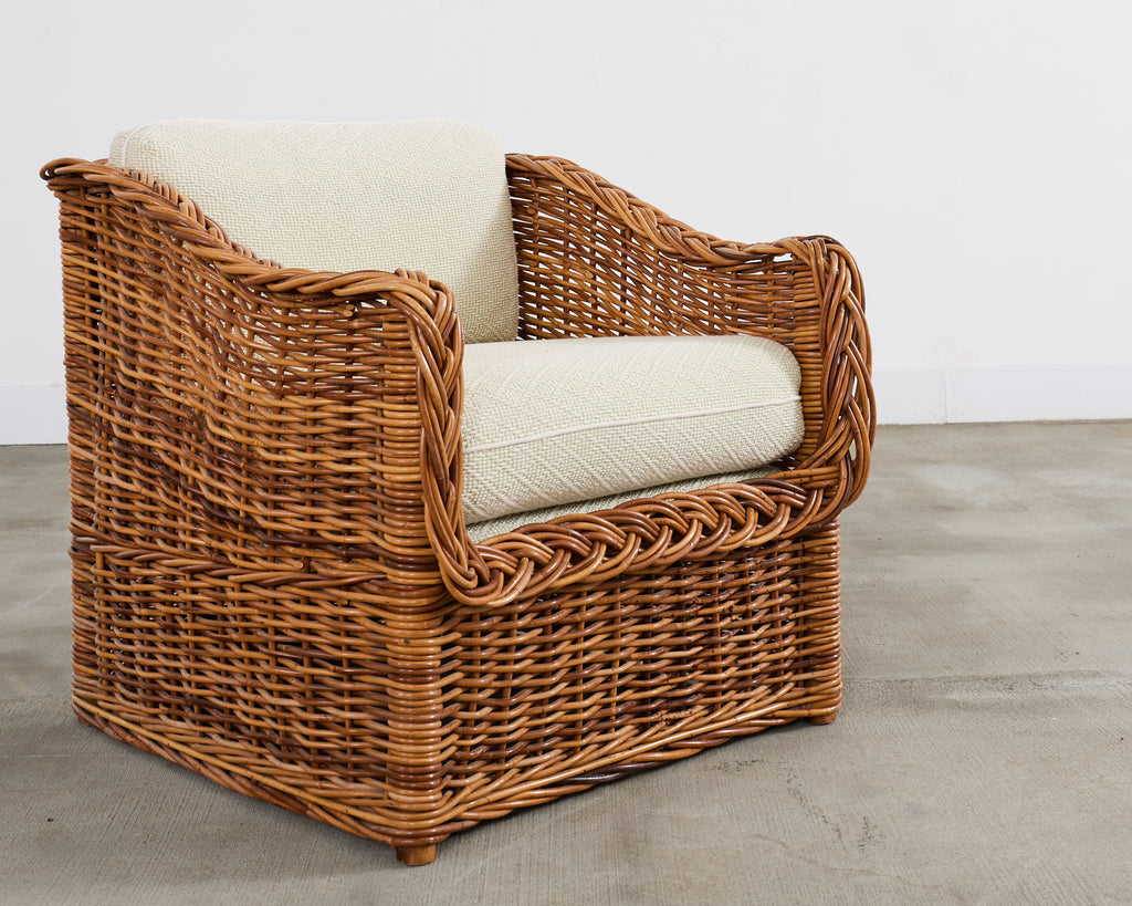 Michael Taylor Style Wicker Rattan Armchair in Scalamandre