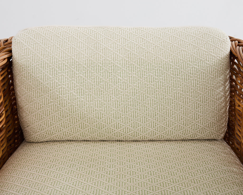 Michael Taylor Style Wicker Rattan Armchair in Scalamandre