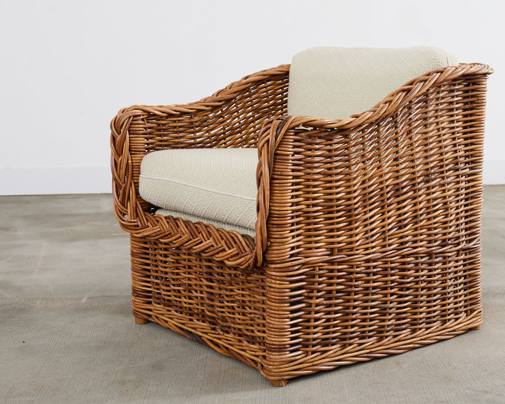Michael Taylor Style Wicker Rattan Armchair in Scalamandre