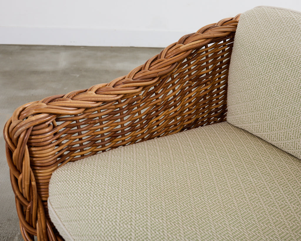 Michael Taylor Style Wicker Rattan Armchair in Scalamandre
