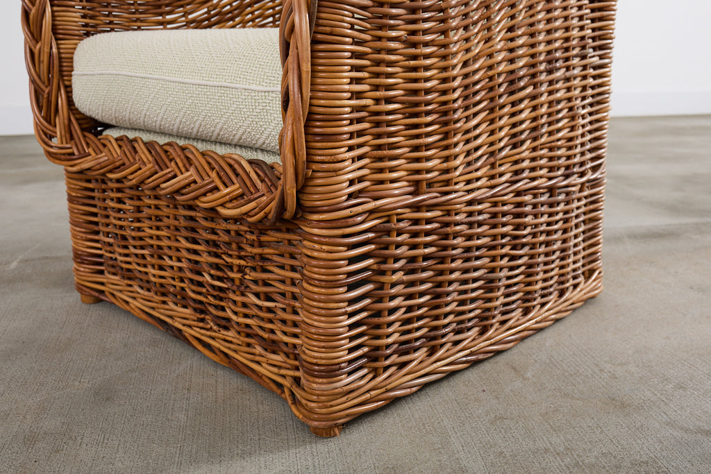 Michael Taylor Style Wicker Rattan Armchair in Scalamandre