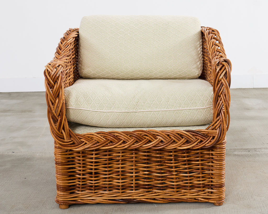 Michael Taylor Style Wicker Rattan Armchair in Scalamandre