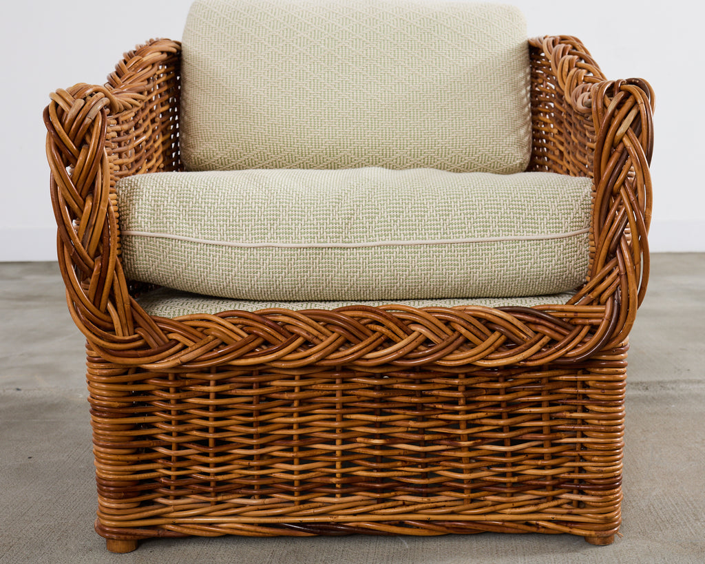Michael Taylor Style Wicker Rattan Armchair in Scalamandre