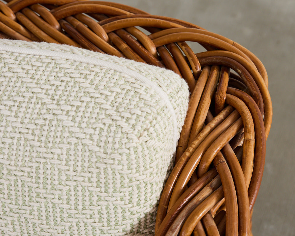 Michael Taylor Style Wicker Rattan Armchair in Scalamandre