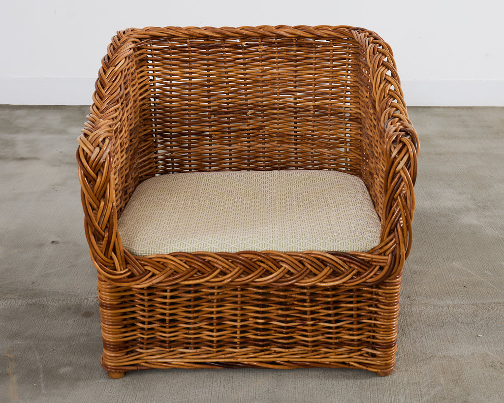 Michael Taylor Style Wicker Rattan Armchair in Scalamandre