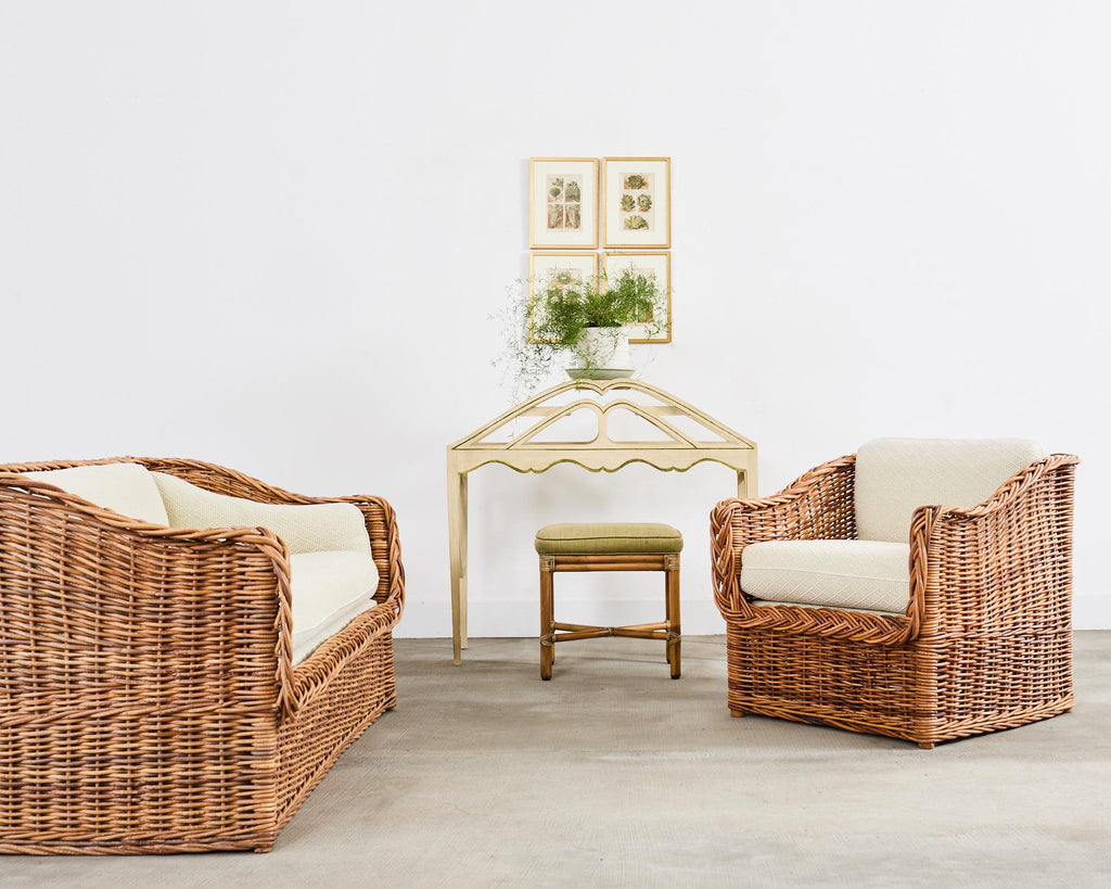 Michael Taylor Style Wicker Rattan Armchair in Scalamandre