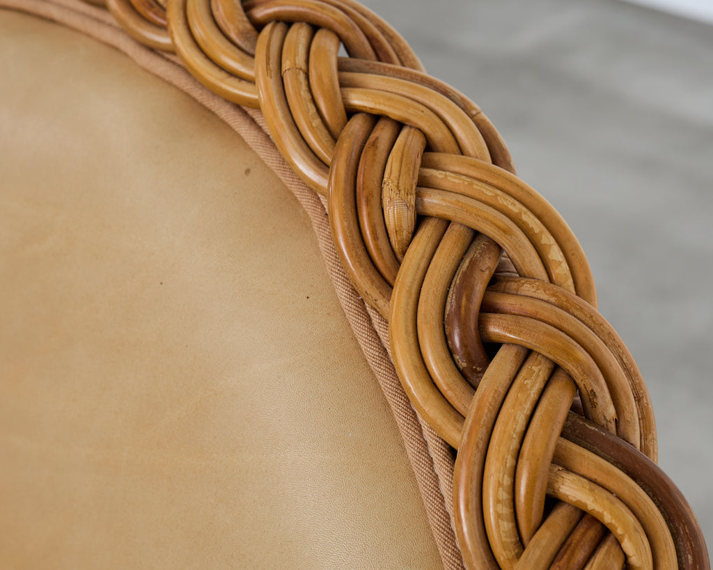 Set of Eight Michael Taylor Style Rattan Leather Dining Chairs