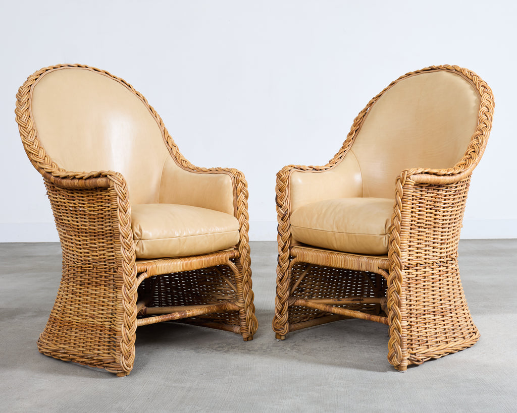 Set of Eight Michael Taylor Style Rattan Leather Dining Chairs