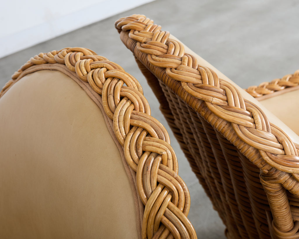 Set of Eight Michael Taylor Style Rattan Leather Dining Chairs