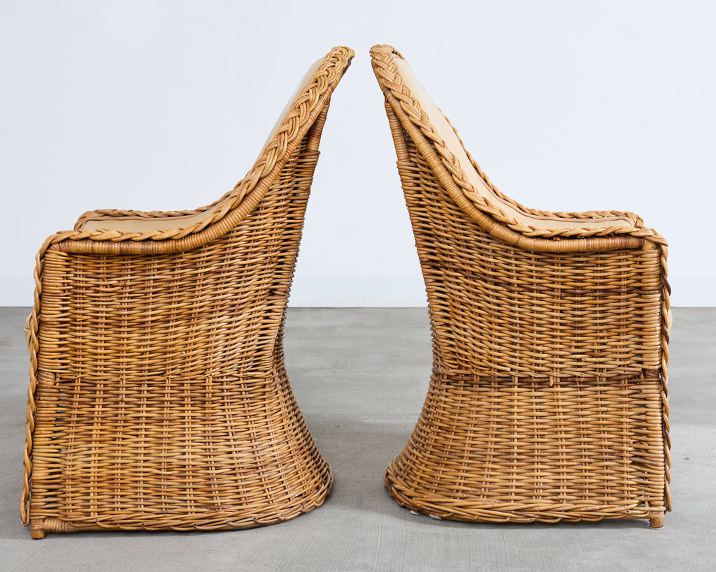 Set of Eight Michael Taylor Style Rattan Leather Dining Chairs