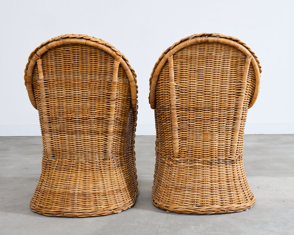 Set of Eight Michael Taylor Style Rattan Leather Dining Chairs