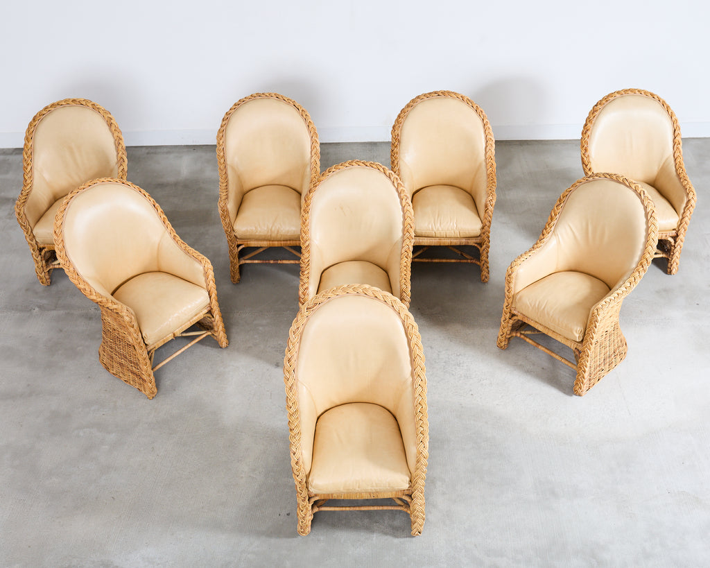Set of Eight Michael Taylor Style Rattan Leather Dining Chairs