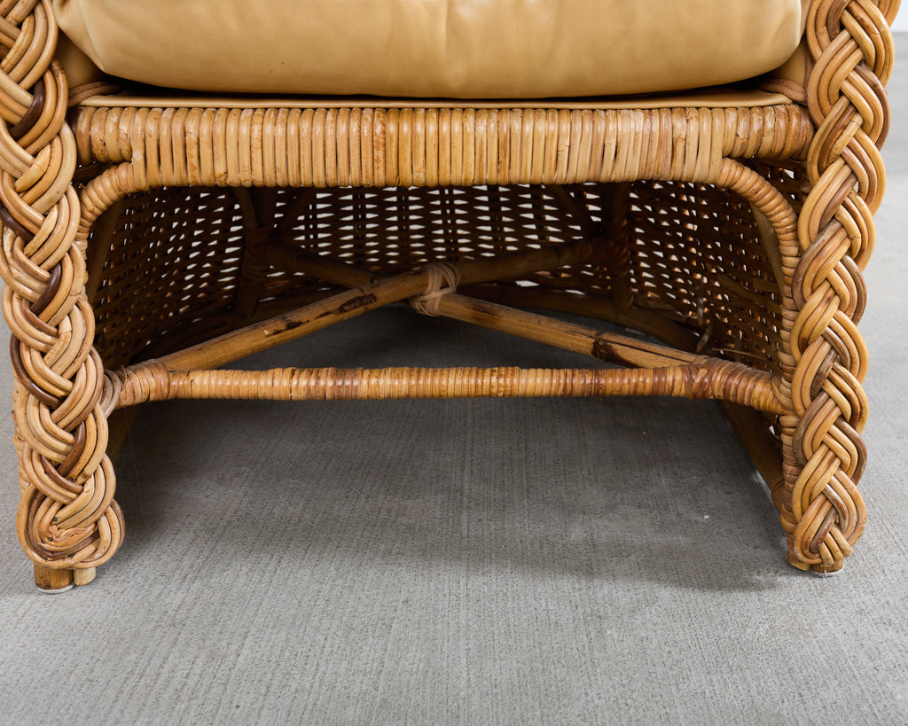 Set of Eight Michael Taylor Style Rattan Leather Dining Chairs