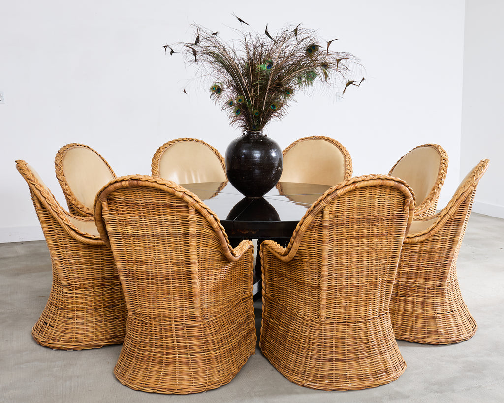 Set of Eight Michael Taylor Style Rattan Leather Dining Chairs