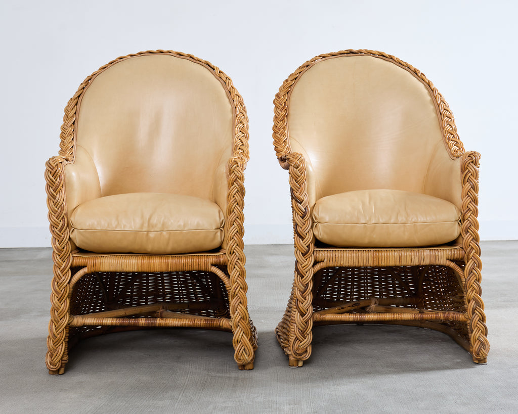 Set of Eight Michael Taylor Style Rattan Leather Dining Chairs