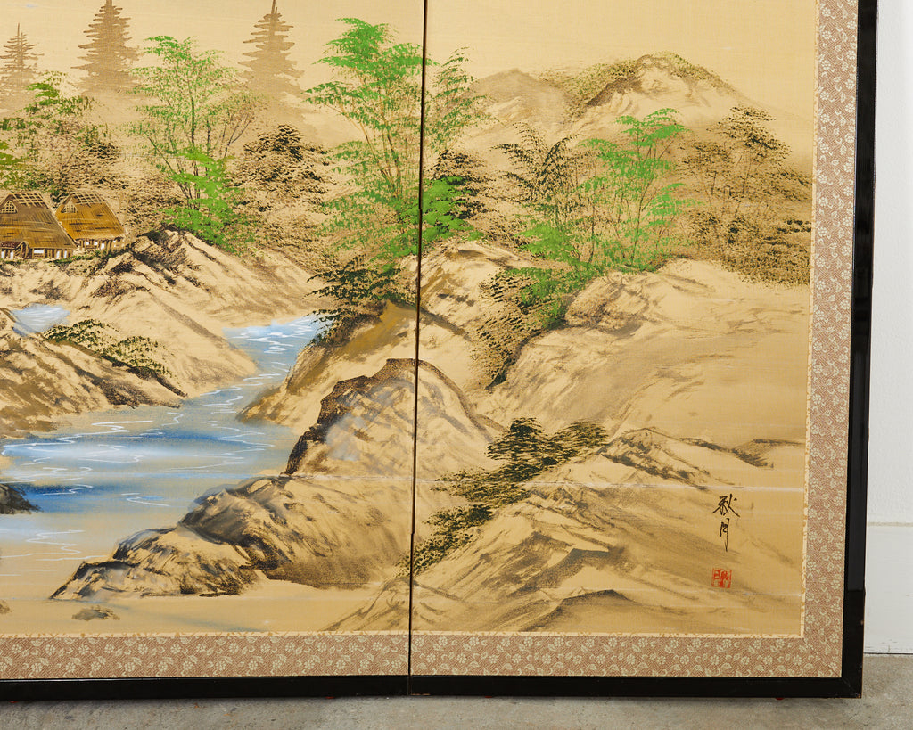 Japanese Showa Four Panel Screen Mount Fuji Landscape
