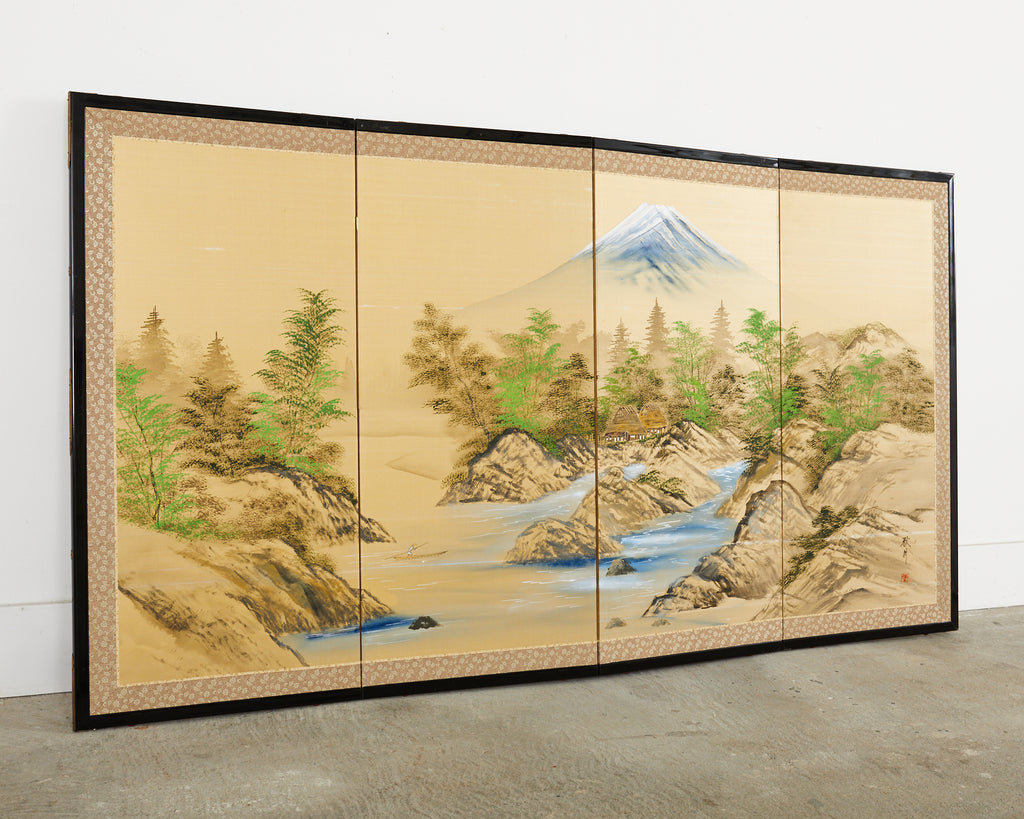 Japanese Showa Four Panel Screen Mount Fuji Landscape