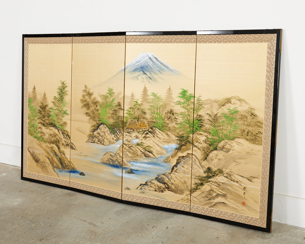 Japanese Showa Four Panel Screen Mount Fuji Landscape