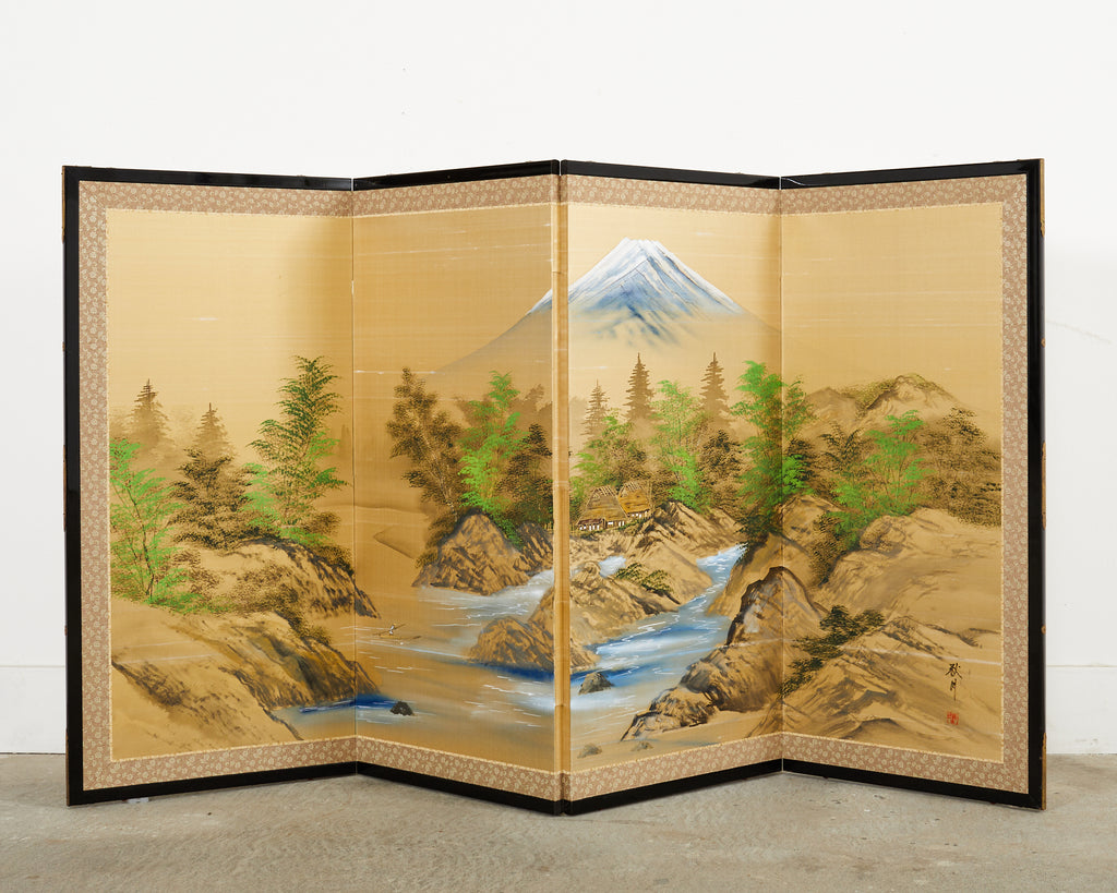 Japanese Showa Four Panel Screen Mount Fuji Landscape