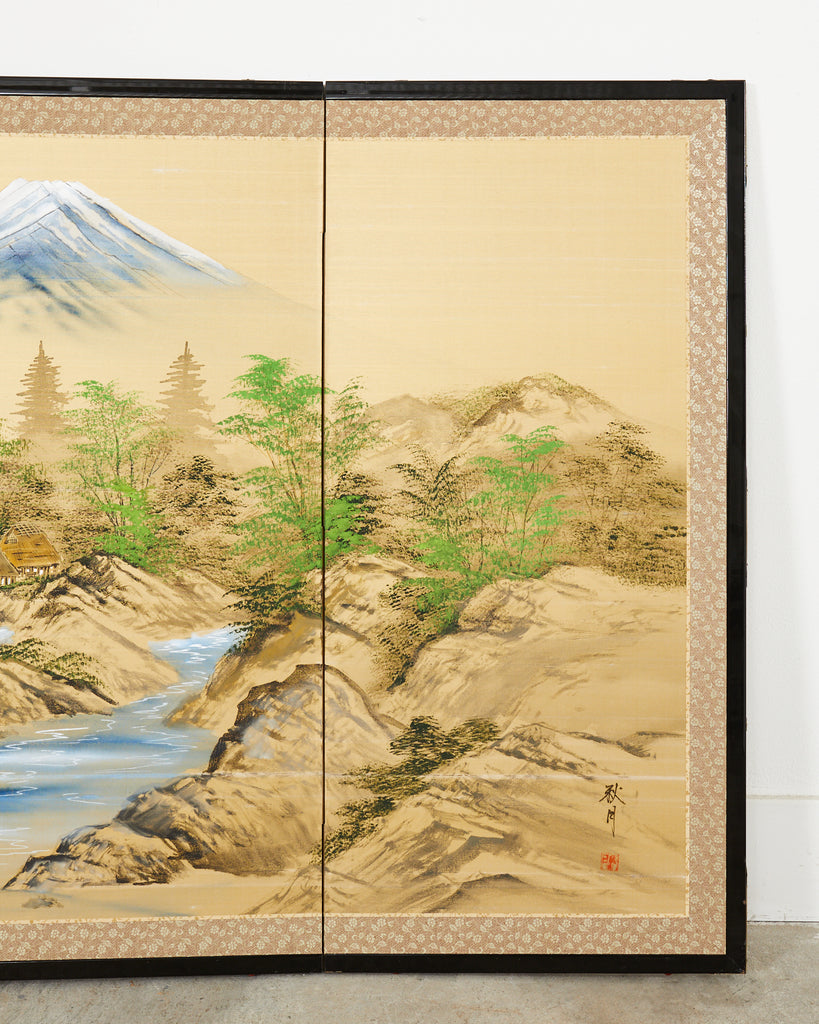 Japanese Showa Four Panel Screen Mount Fuji Landscape