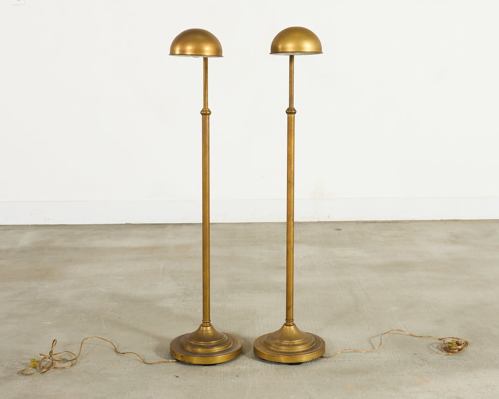 Pair of Patinated Brass Adjustable Pharmacy Floor Lamps