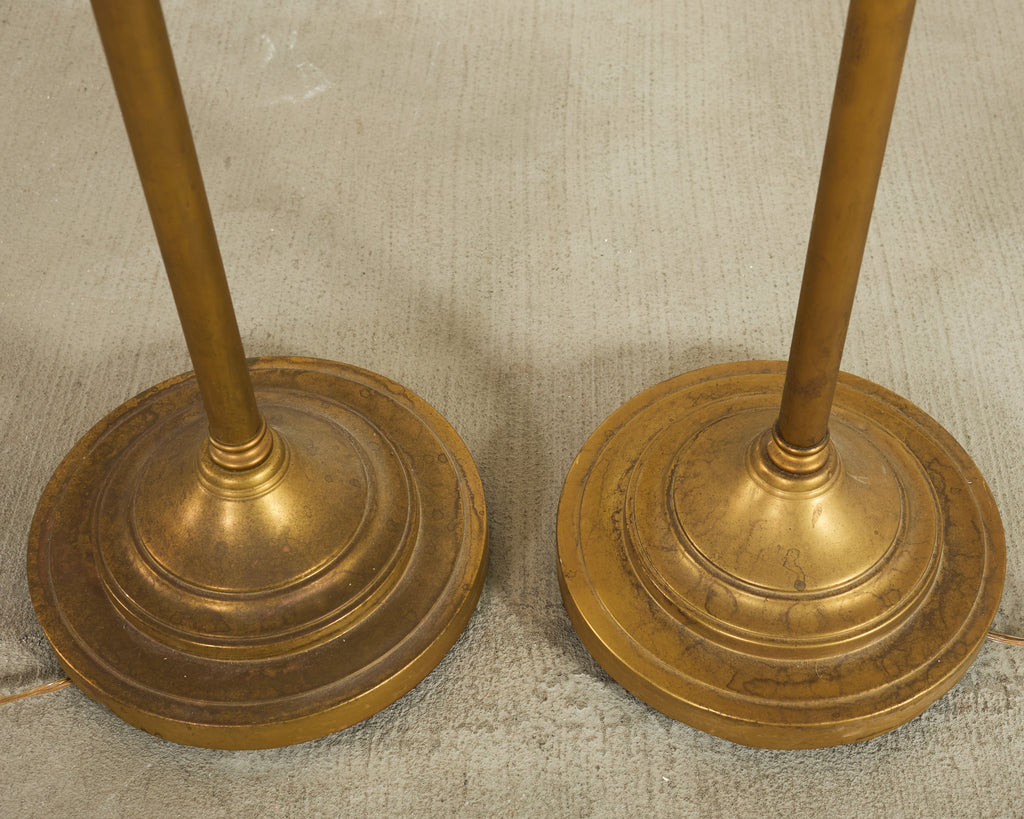 Pair of Patinated Brass Adjustable Pharmacy Floor Lamps