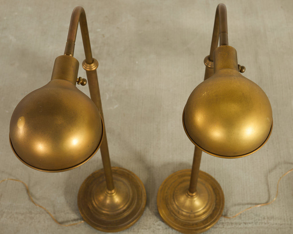 Pair of Patinated Brass Adjustable Pharmacy Floor Lamps