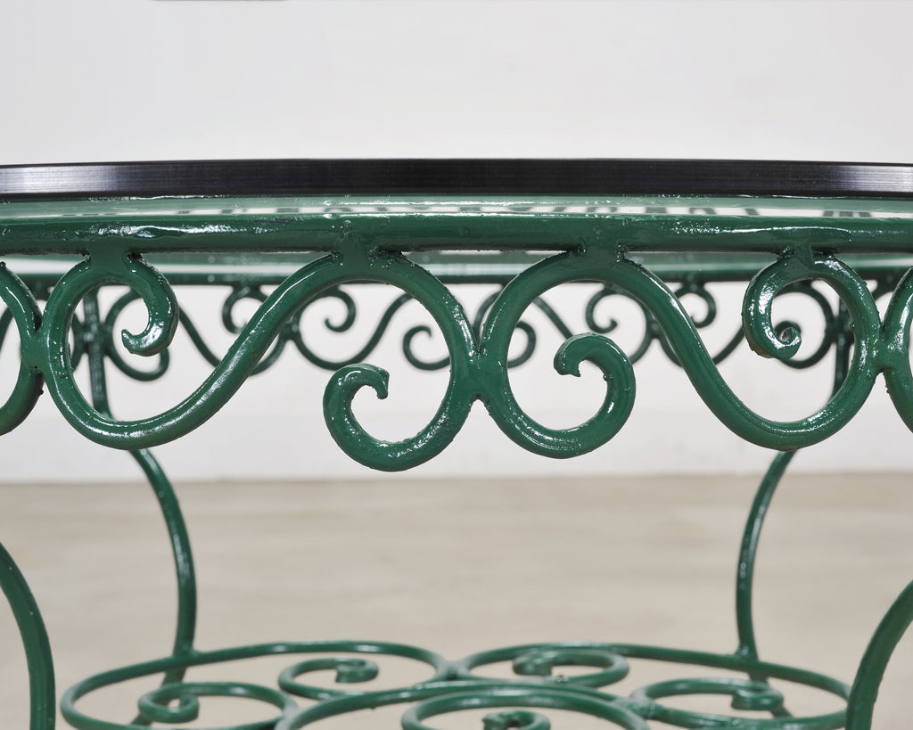 O.W. Lee American Regency Style Wrought Iron and Glass Scrolled Garden Table