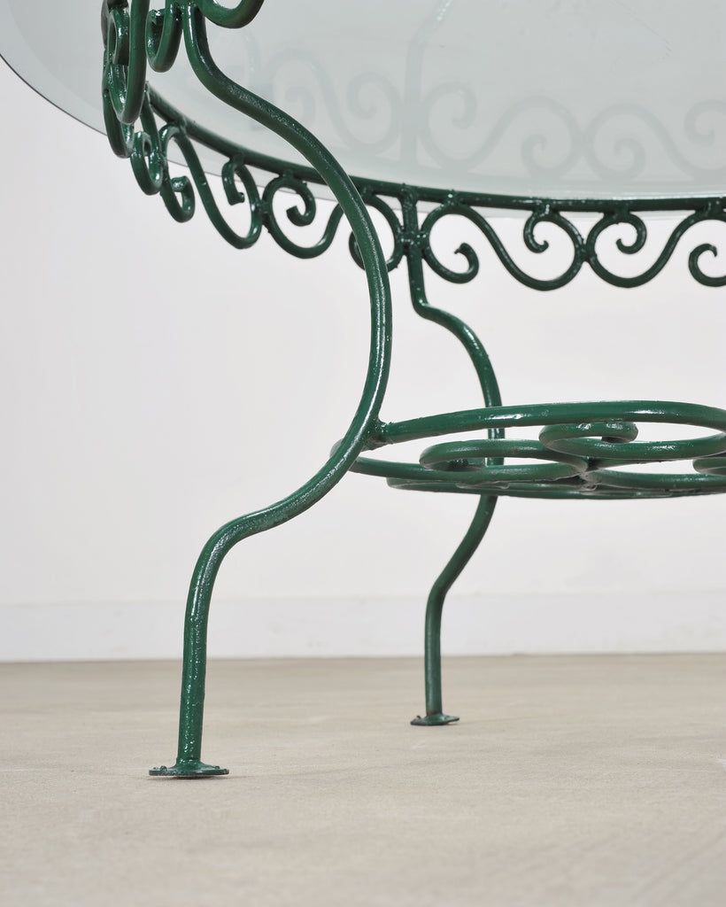 O.W. Lee American Regency Style Wrought Iron and Glass Scrolled Garden Table
