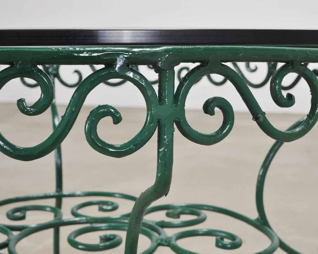 O.W. Lee American Regency Style Wrought Iron and Glass Scrolled Garden Table