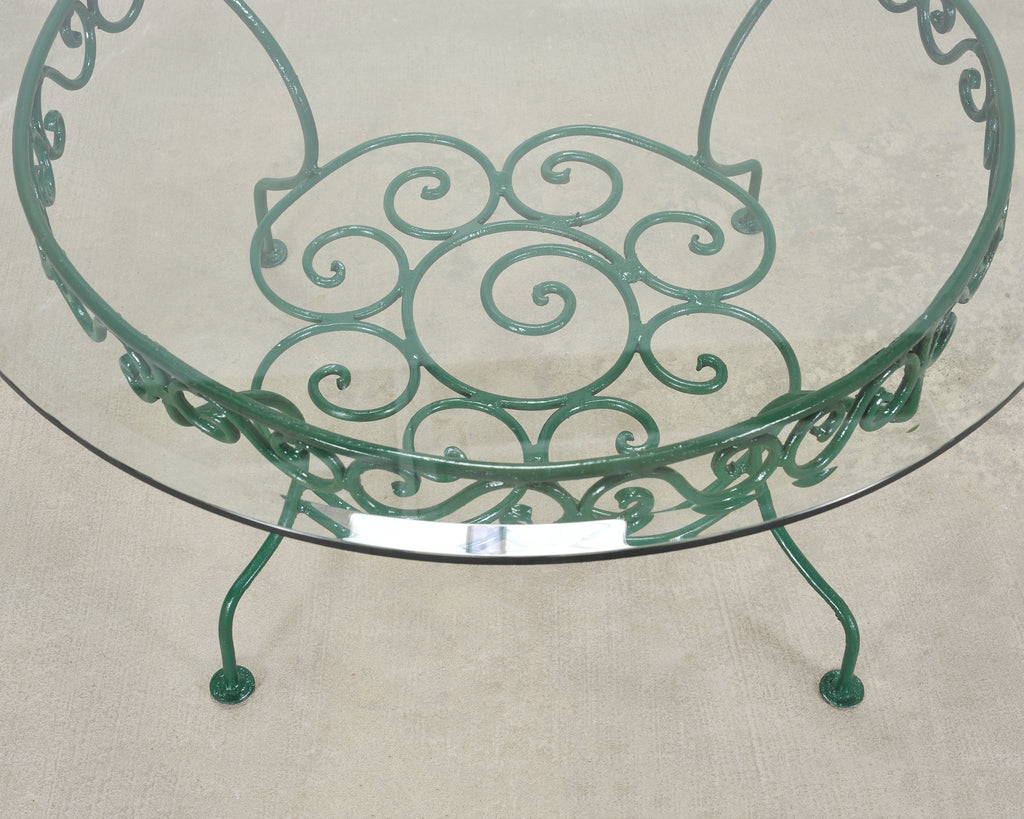 O.W. Lee American Regency Style Wrought Iron and Glass Scrolled Garden Table