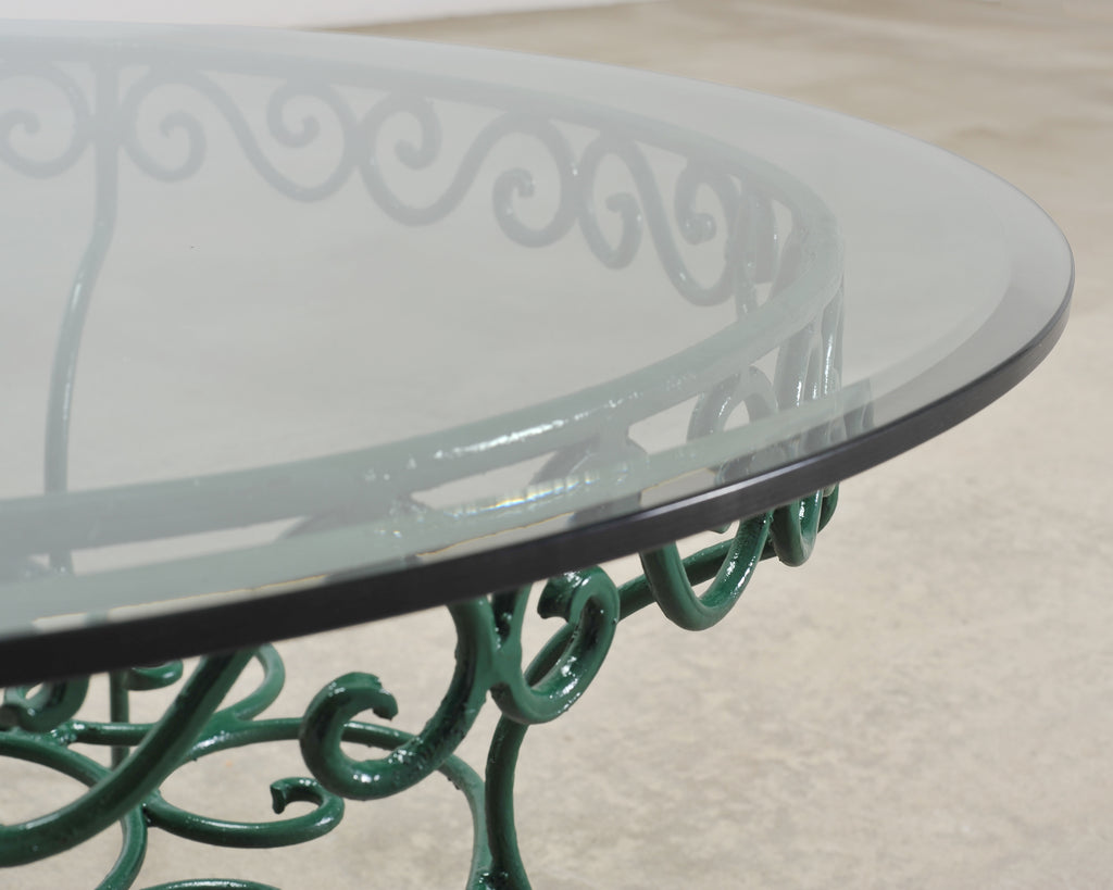 O.W. Lee American Regency Style Wrought Iron and Glass Scrolled Garden Table
