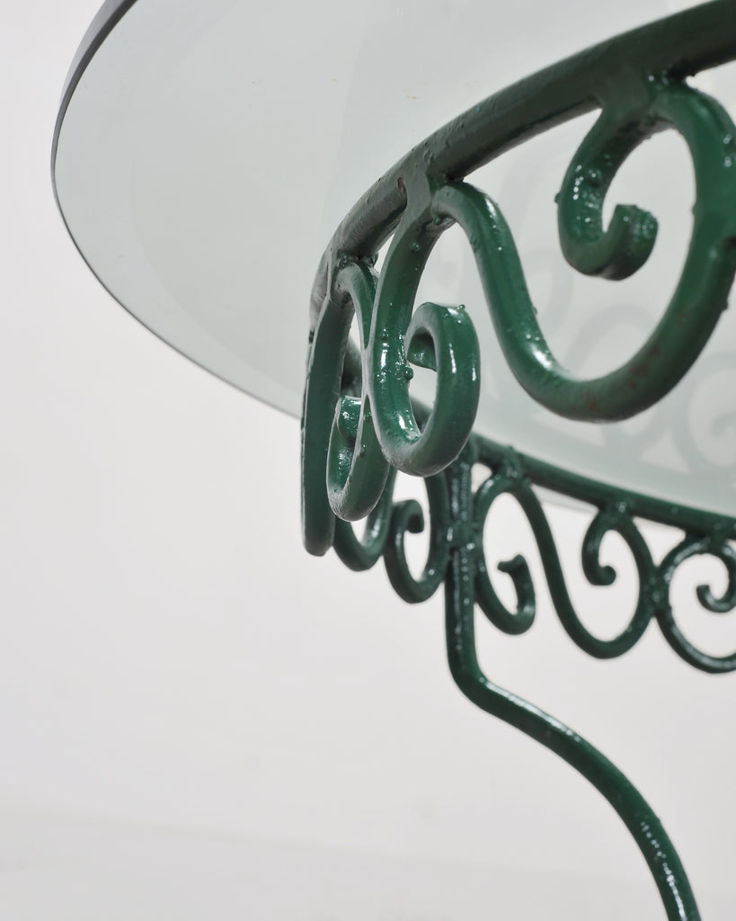 O.W. Lee American Regency Style Wrought Iron and Glass Scrolled Garden Table