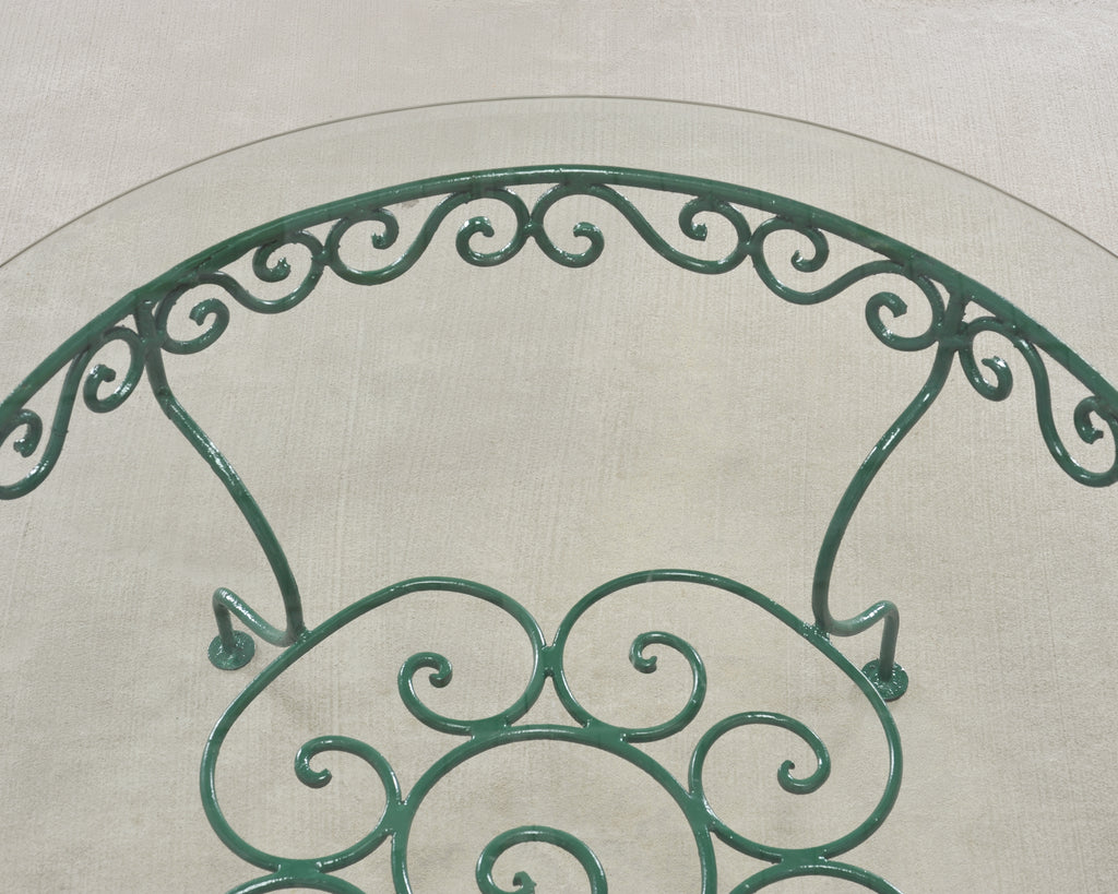 O.W. Lee American Regency Style Wrought Iron and Glass Scrolled Garden Table