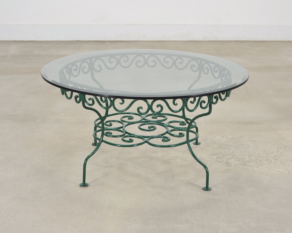 O.W. Lee American Regency Style Wrought Iron and Glass Scrolled Garden Table