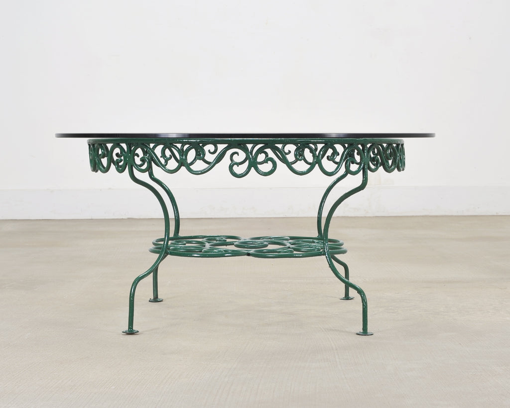 O.W. Lee American Regency Style Wrought Iron and Glass Scrolled Garden Table