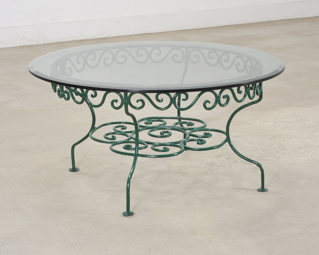 O.W. Lee American Regency Style Wrought Iron and Glass Scrolled Garden Table