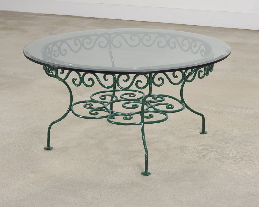 O.W. Lee American Regency Style Wrought Iron and Glass Scrolled Garden Table
