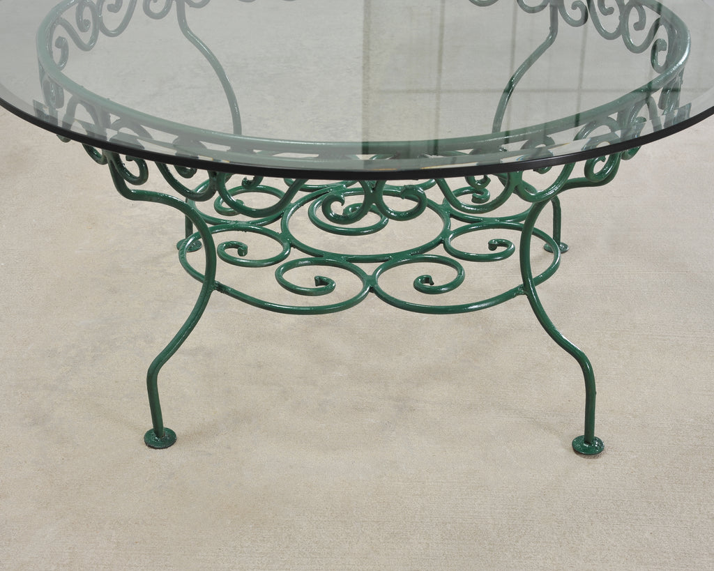 O.W. Lee American Regency Style Wrought Iron and Glass Scrolled Garden Table