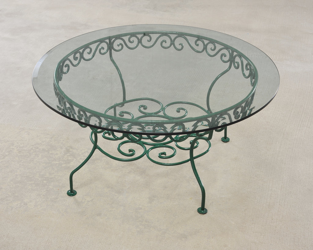 O.W. Lee American Regency Style Wrought Iron and Glass Scrolled Garden Table
