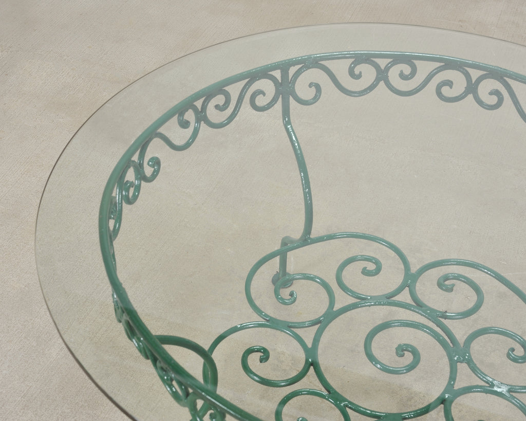 O.W. Lee American Regency Style Wrought Iron and Glass Scrolled Garden Table